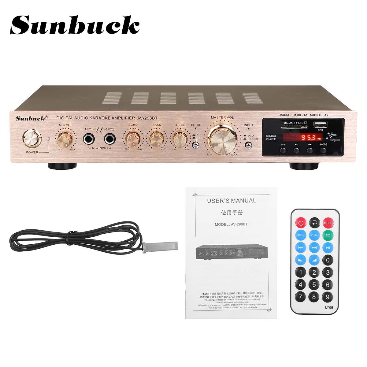 2500W Max Bluetooth 5 Channel Power Amplifier HiFi Stereo Speaker Amp Support FM Radio 2 Mic USB SD Card Input 298BT-298Golden