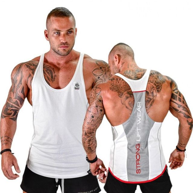 Muscle Fitness Vest Sports Men's Gym Sleeveless I-shaped Elastic WHITE & RED