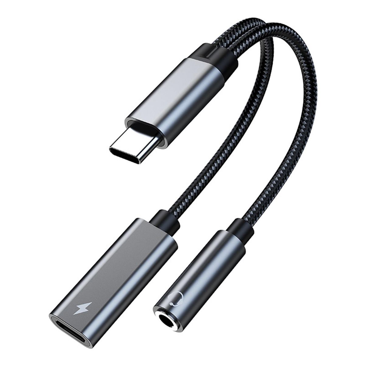 Adapter Cable 2 in 1 Type-C to 3.5mm PD60W Converter Cord Silver Gray