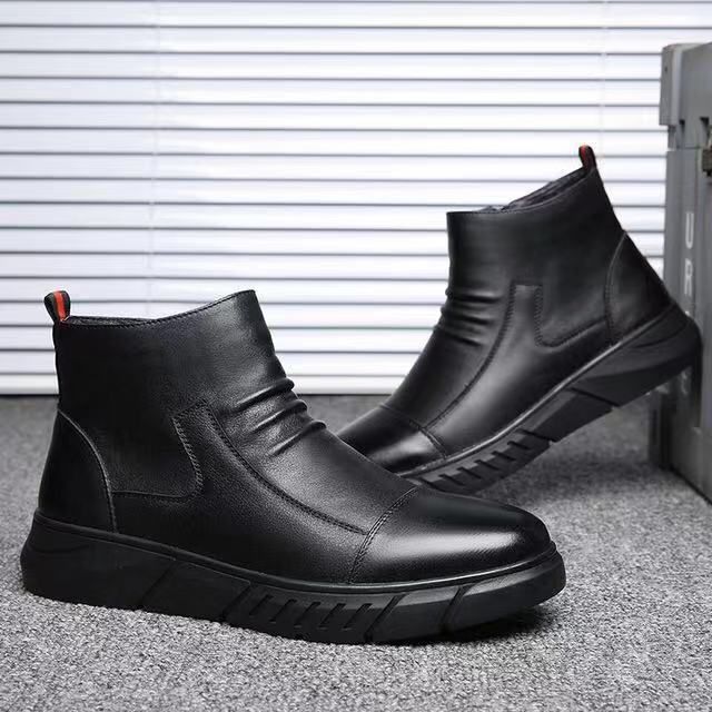 Business Chelsea Boots Mens Winter Ankle Boots Men Leather Zipper-Black