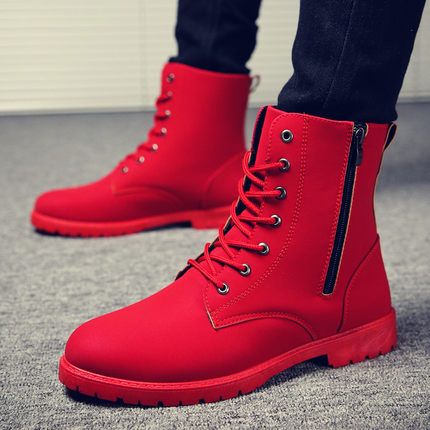 2022 Men Boots British Red High Top Mens Army Boots Korean Zipper Men's Snow Winter Boots Cowboy Boots For Men BLACK-Red