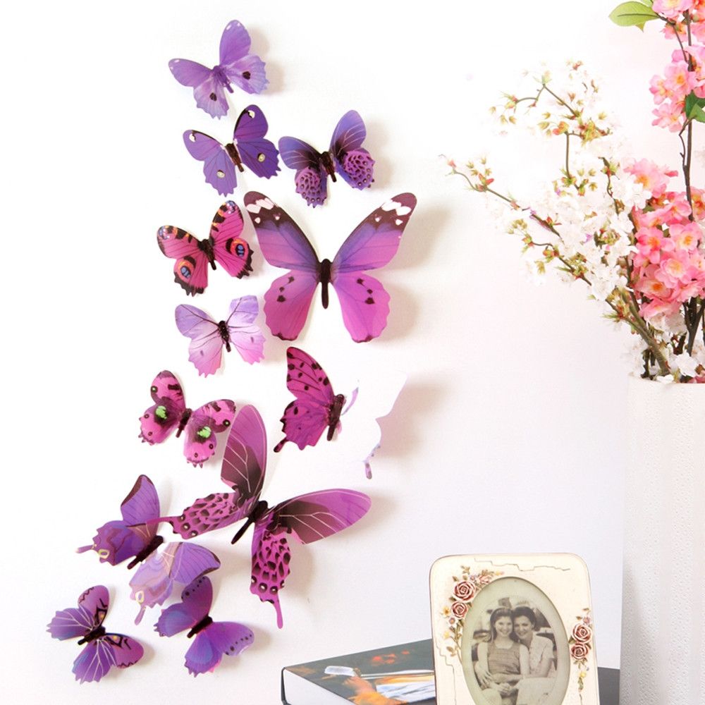 12pcs Decal Wall Stickers Home Decorations 3D Butterfly Rainbow Purple
