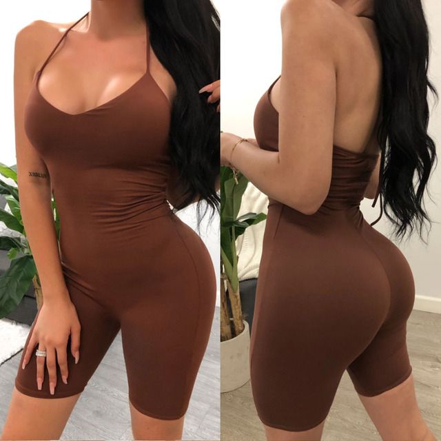 Women Sports Yoga Playsuits Gym Yoga Set Tracksuit Brown_S