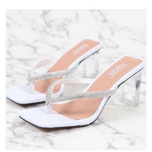 Rhinestone Square Toe High Transparent Heel Ladies White Slippers