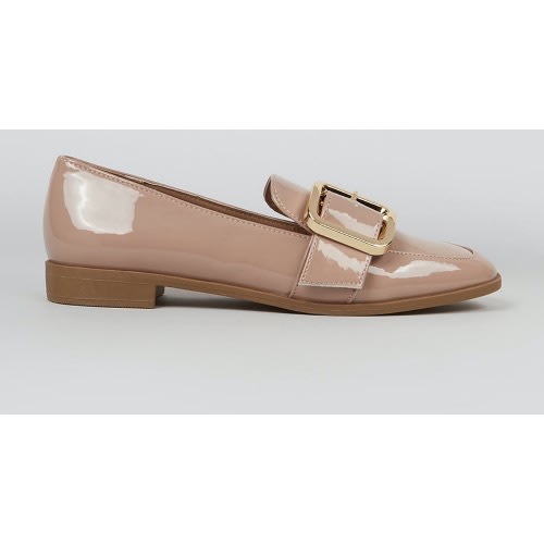 Patent Buckle Loafers - Nude
