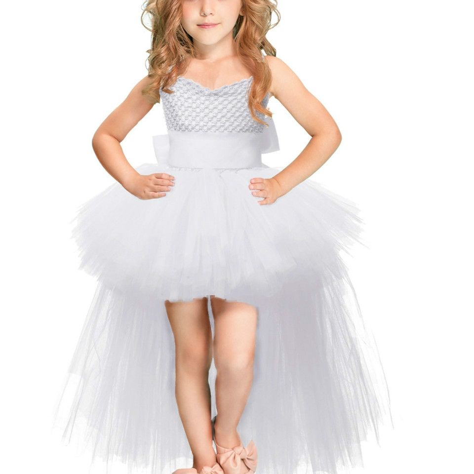 White Girls Lace Sling Dress Mesh Tutu Party Dress, KId Size:5-6 Age(110-120cm)