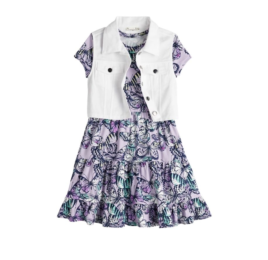 Shortsleeve Butterfly Tier Dress & Twill Botton Front Vest- 2 Piece
