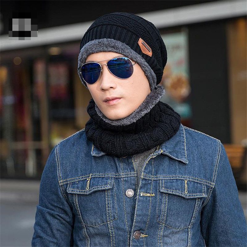 Men's Fashion Winter Beanie Hat Scarf Casual Knitted Beanies Caps Mufflers Scarves Warm Hats For Men *RUSSIA STOCK(#Black)