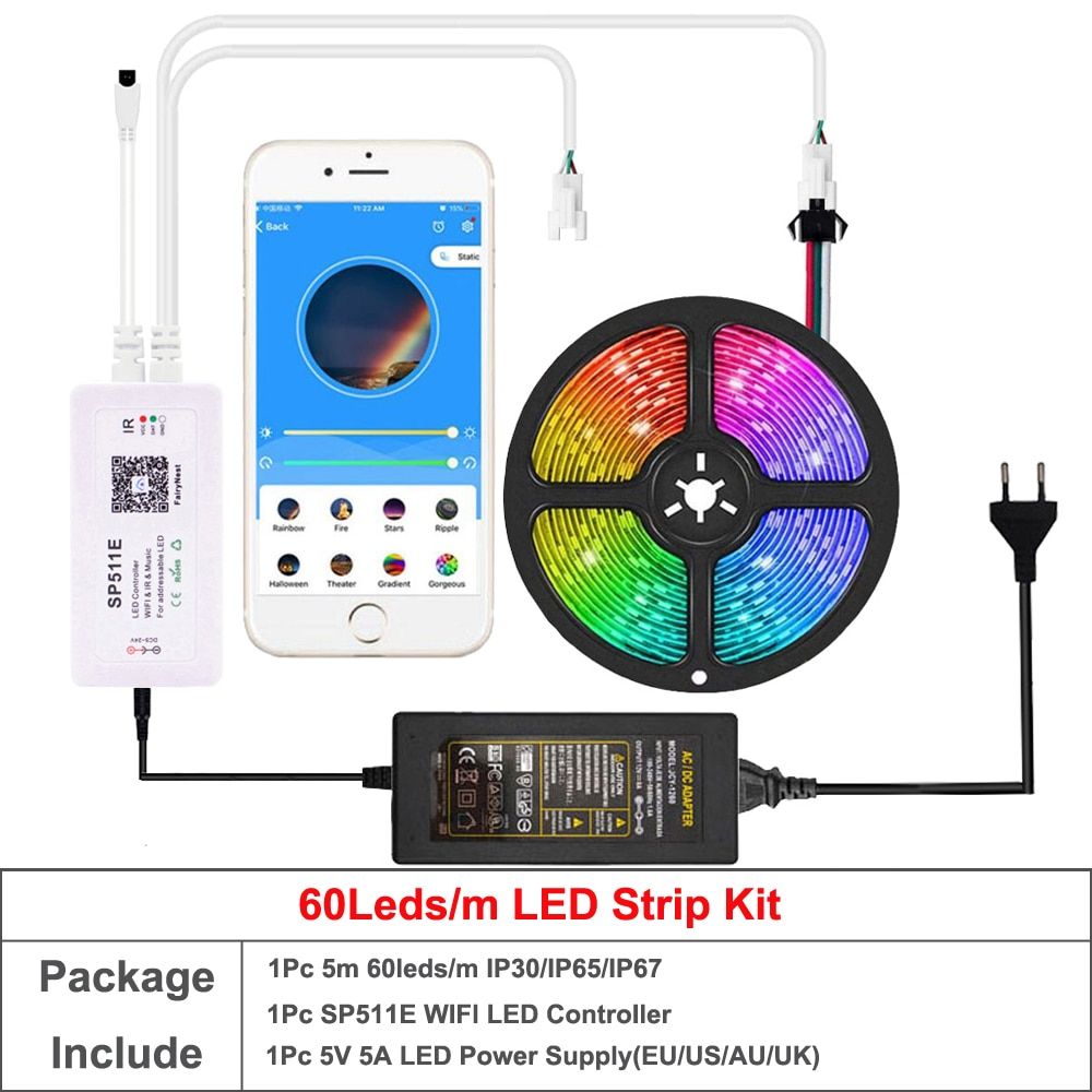 WS2812B Addressable Pixel RGB LED Strip Light WIFI/Remote/Music SP511E Dual Output Alexa Smart Voice APP Control DC5V Power Kit-5m 60Led Strip Kit-Black PCB-IP65 -