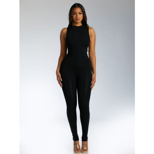 Make Me Chic Women's Sleeveless Mock Neck Bodycon Jumpsuit