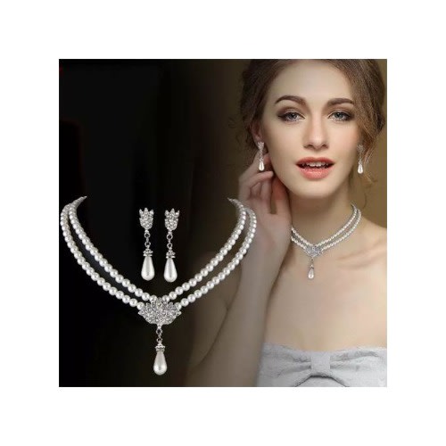 Double Layer Pearl Earrings And Necklace Jewelry Set - Silver
