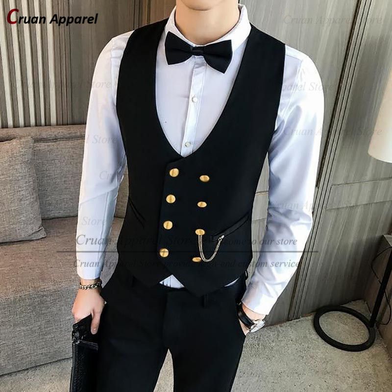 (Black)New Fashion Classic Black Men Suit Vest Slim Fit Groomsman Groom Wedding Sleeveless Jackets Gold Buttons Business Waistcoat Tops WAR