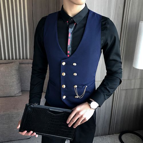 (Navy)2022 Slim Fit Men Vest With Double Breasted One Piece Custom Male Suit Wasitcoat Peaked Lapel Wedding Gromsmen Waist Coat New DOU