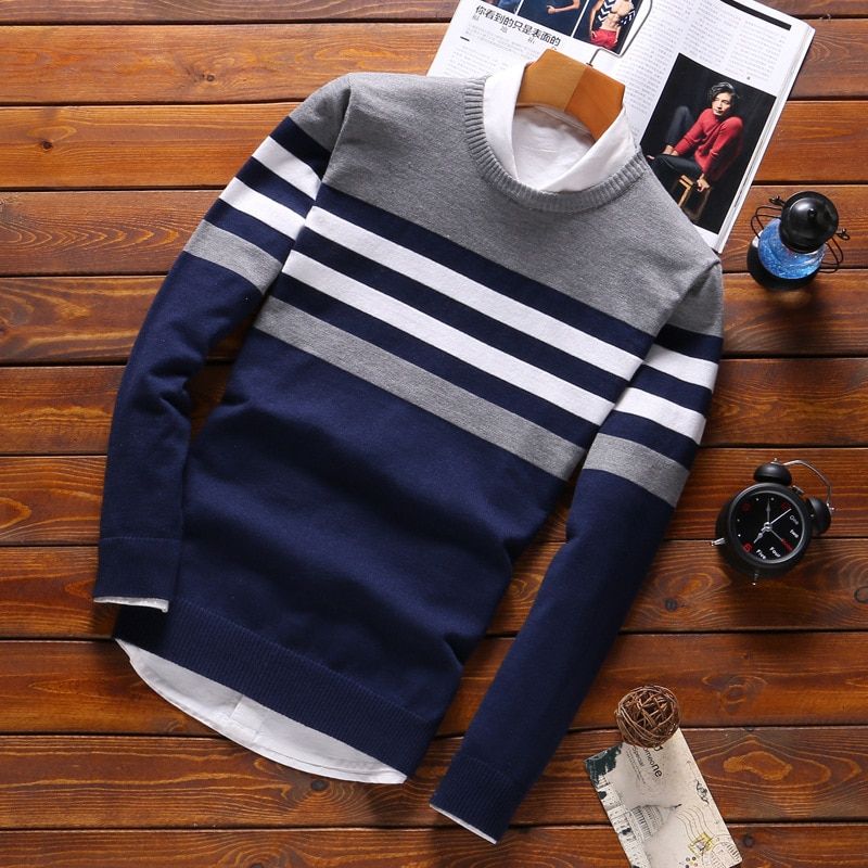 Striped Mens Sweater Coat Winter Male Fleece Warm Zipper Wool Knitwear