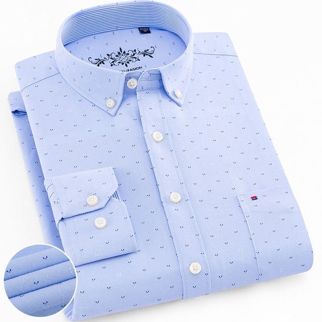 Men's Regular-Fit Long-Sleeve Sturdy Knit Oxford Shirt Embroidered Pocket Button-down Casual Versatile Shirts Blue Print