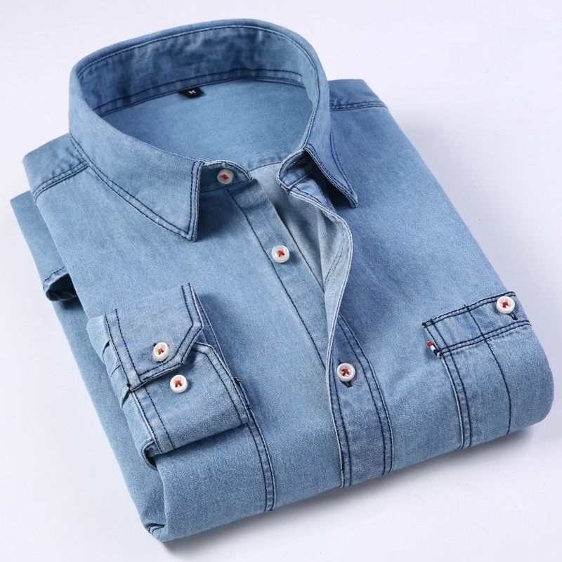 Spring Men's Denim Shirt Loose Casual Cotton Shirt High- Two-pocket All-season Denim Top Light Blue