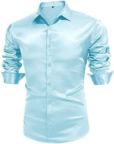Light Blue Button Down Long Sleeve Satin Dress For Men Silk Casual Outings Shirt