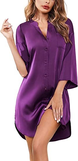 Purple Satin Silk Women's Nursing Maternity Dress 3/4 Sleeve Loose Fit Casual Gown