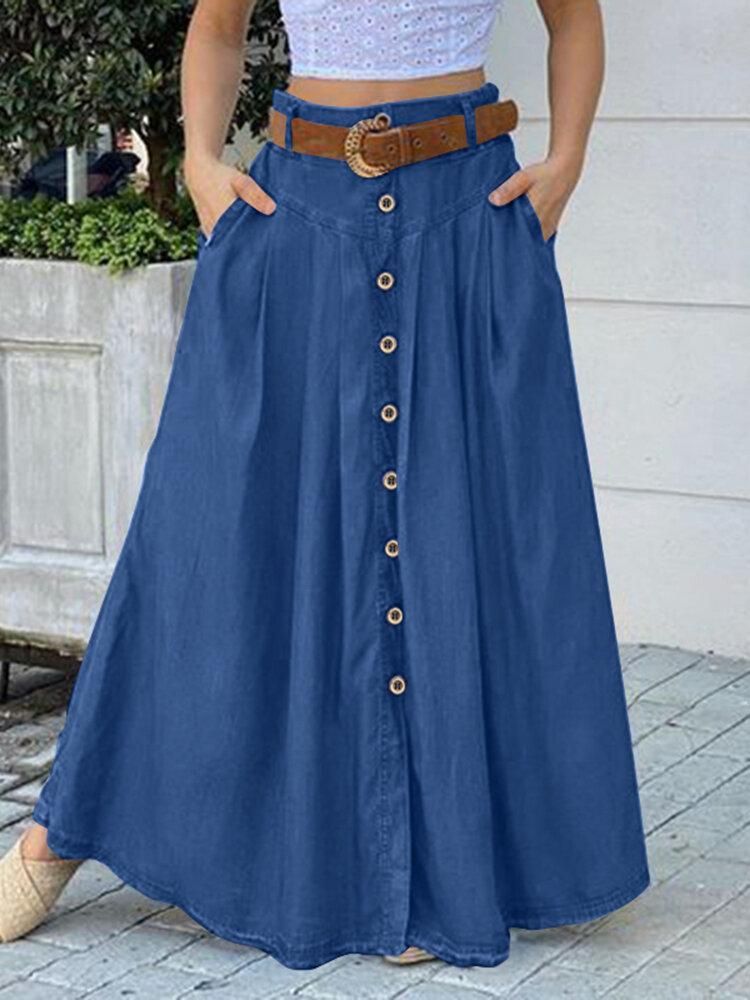 Women Solid Color Bottom Front Loose Casual Long Skirt With Pocket