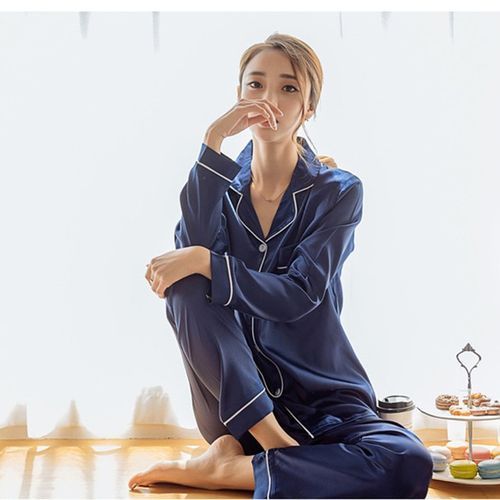 2pcs Women Pajamas Set Sleepwear Silk Satin Pant Long 6_M