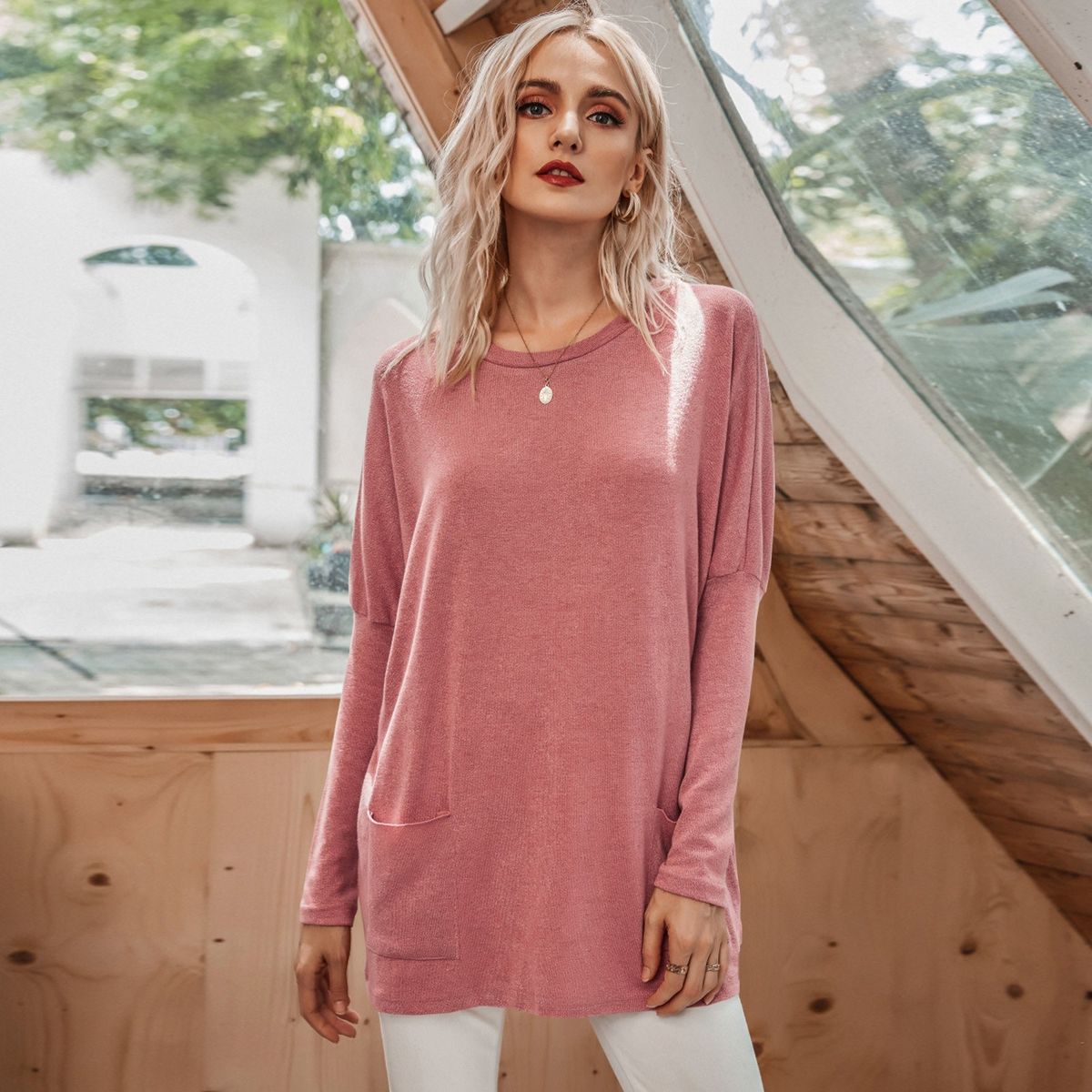 Fashion Women Winter Knitted Blouse Solid Color O Neck Long