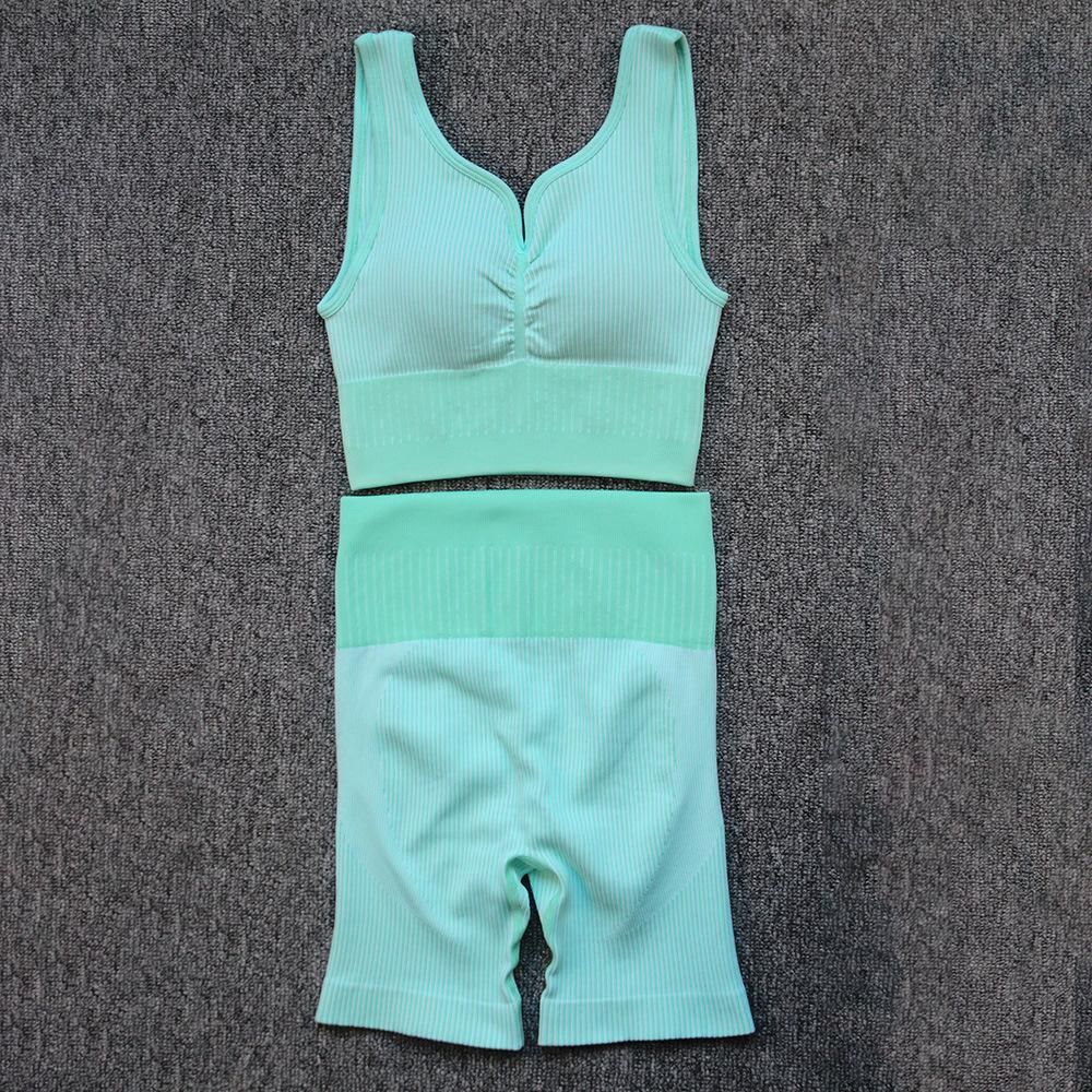 Seamless striped fitness suit women's high waisted belly tucking peach hip lifting shorts sports shockproof beauty back bra Yoga suit