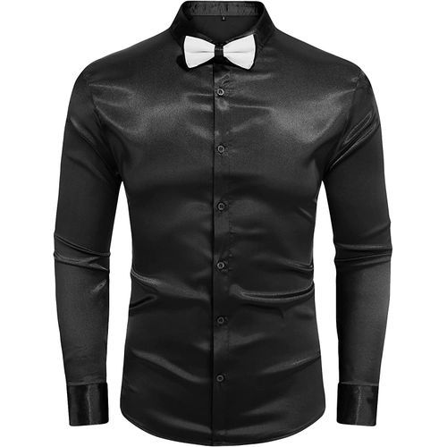 Men's Luxury Silk Button Down Long Sleeve Satin Shirt With Bow Tie Black Dress