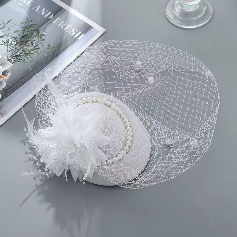 White Bridal Wedding Red Hats Fascinators For Woman tail Church Party Sinamay Feather Veil Headdress Vintage Bla Cap