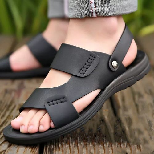 Men's Leather Sandals Fashion Platform Sports Sandals Genuine Leather Black
