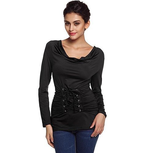 Stylish Ladies Round Neck Long Sleeve Slim Ruched Drape Outwear Casual Top Blouse-Wine Red