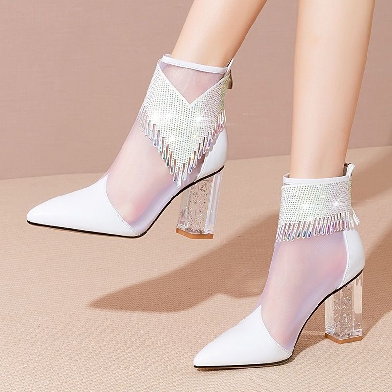 (White)Summer Fashion Boots Women 2022 New Glitter Rhinestone Ladies Pointed Toe Chunky Heel S JIN