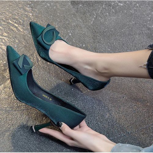 Green Women's 2022 New Pointed Satin Stilettos Heel Height 6cm