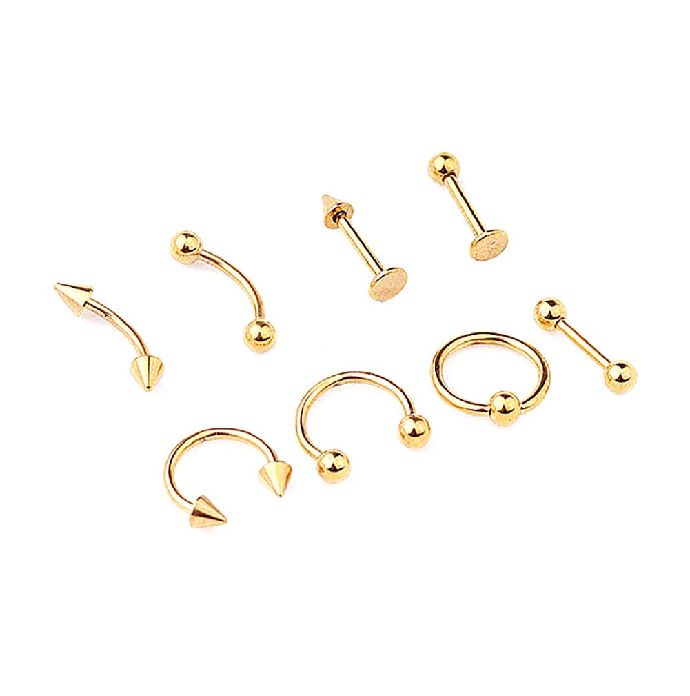 8Pcs Mixed Style Lip Tongue Eyebrow Nose Ring Barbell-Golden