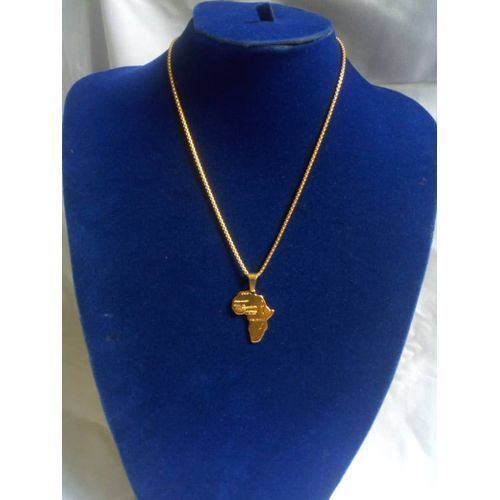 African Pendant With Linked Gold Plated Chain. Necklace. Stainless Steel. Jewelry