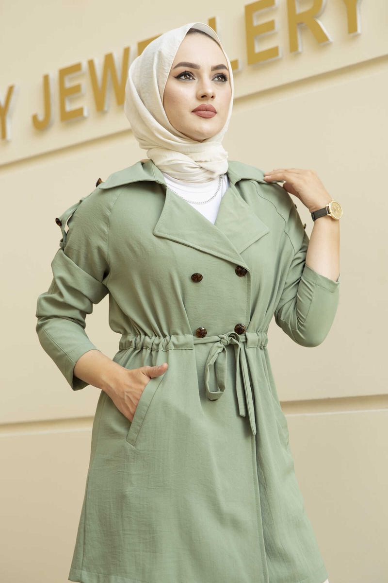 Tunnel Belt Aerobin Tunic Cap Hijab Women Long Gown Abaya Scarf-Green