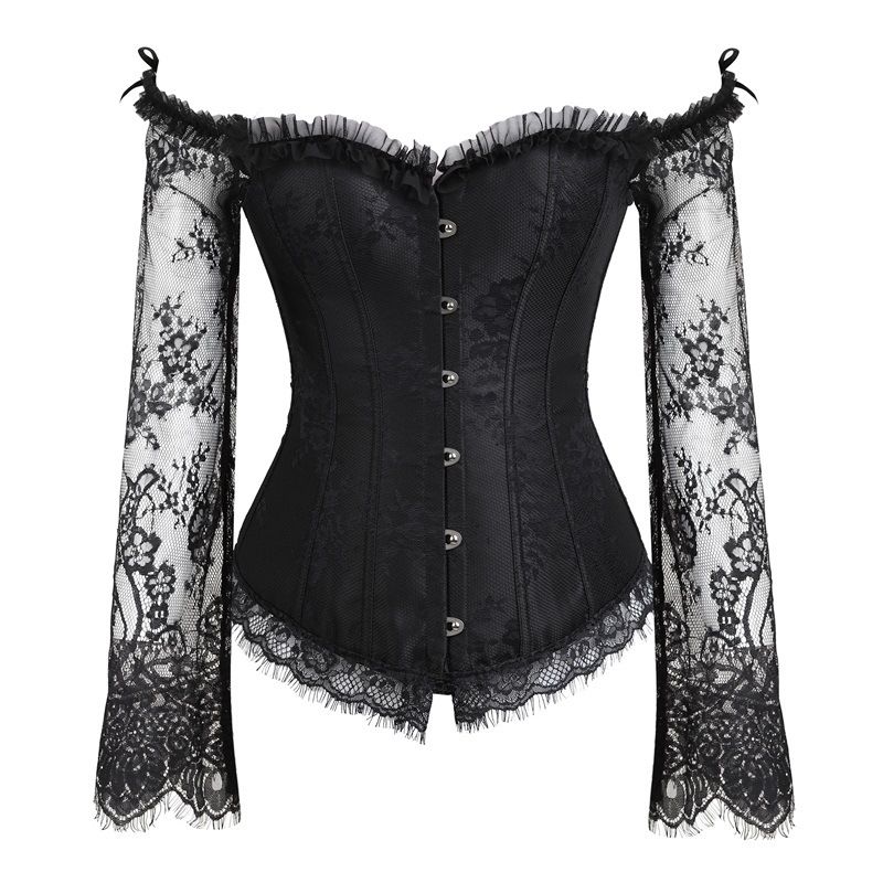 Black Corset Top Waist Shaper Lace Women Steampunk Sexy Long Sleeve Plus Size