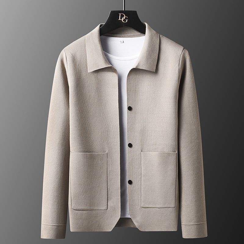 Pocket Cardigan Sweater Cardigan Men Luxury Lapel Knitted-Beige