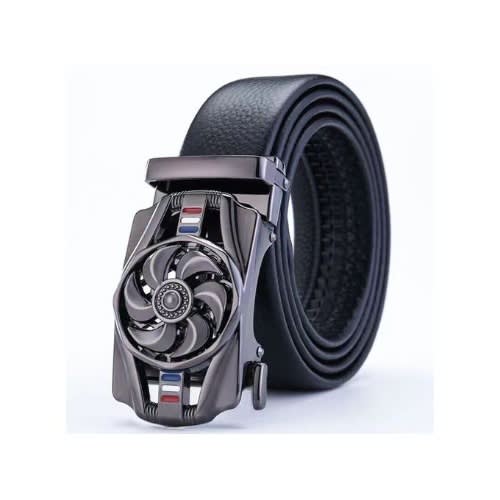Men's Leather Belt With Rotating Automatic Buckle Design - Black