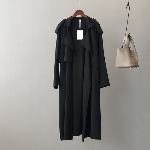 Ladies Retro Fashion Long Loose Windbreaker Jacket - Black