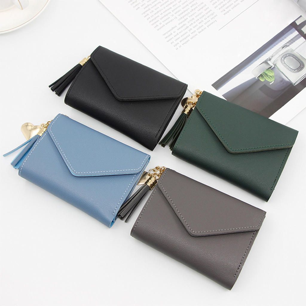 Women Simple Short Wallet Tassel Coin Purse Card Holders Dark Green