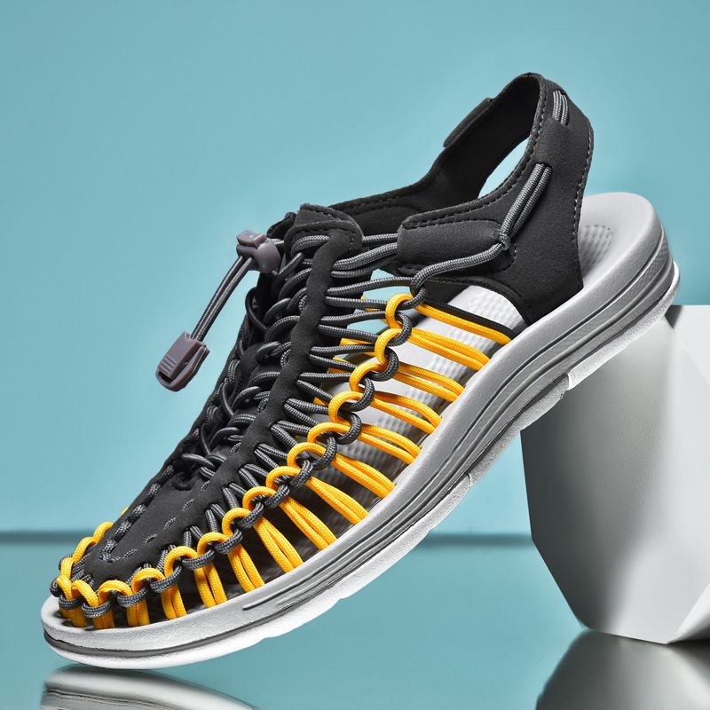 Summer Sandals Men Shoes EUR Size 35-48 Fashion Handmade Weaving Couples Gladiator Sandals Soft Non-slip Casual Beach Flat Sandals Grey Yellow