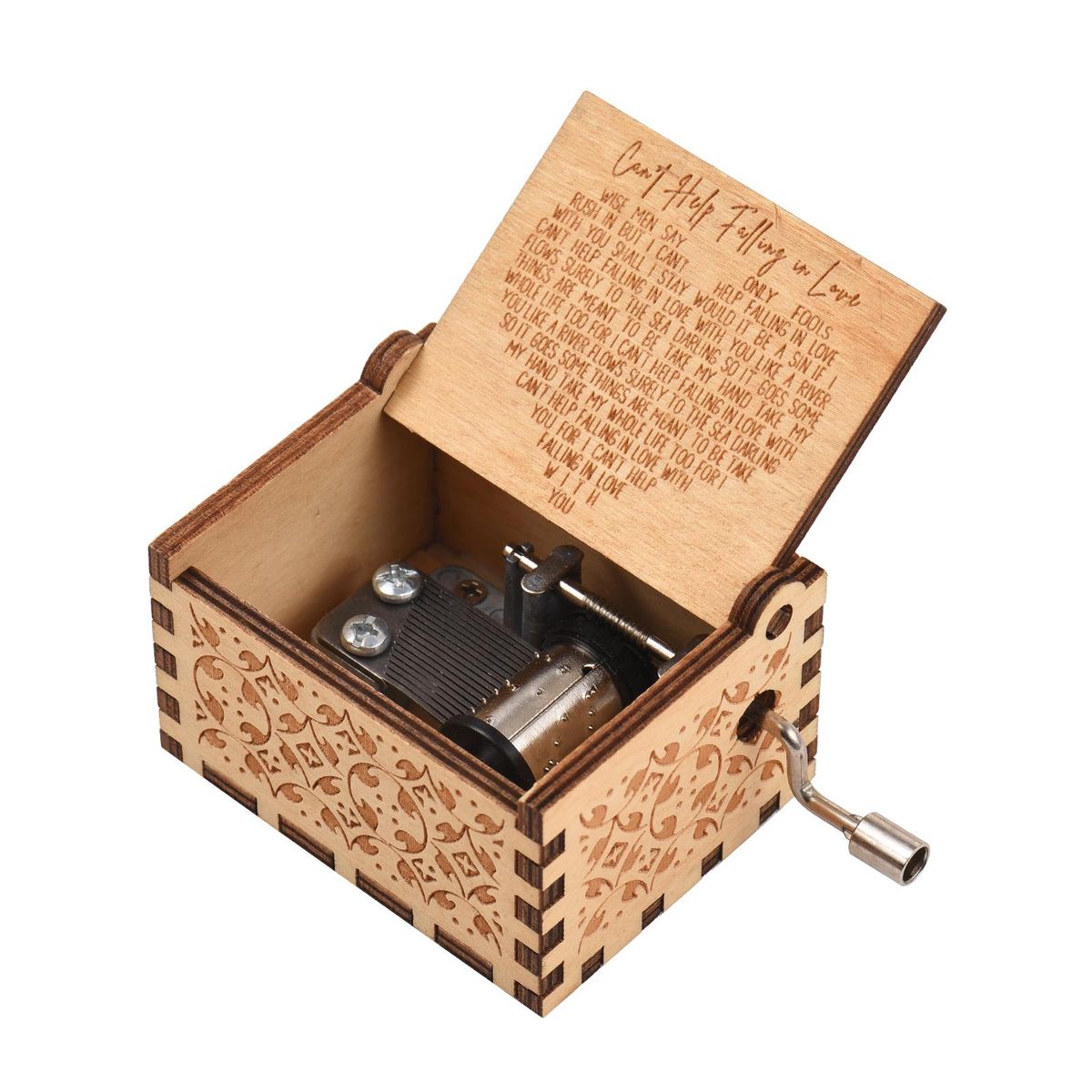 Vintage Wooden Music Box Palm-size Hand Crank Wood Case Musicbox Beautiful Carved Wooden Musical Gadget with Melody Can't Help Falling in Love for Wife Husband Valentine's Day Christmas Birthday Gift