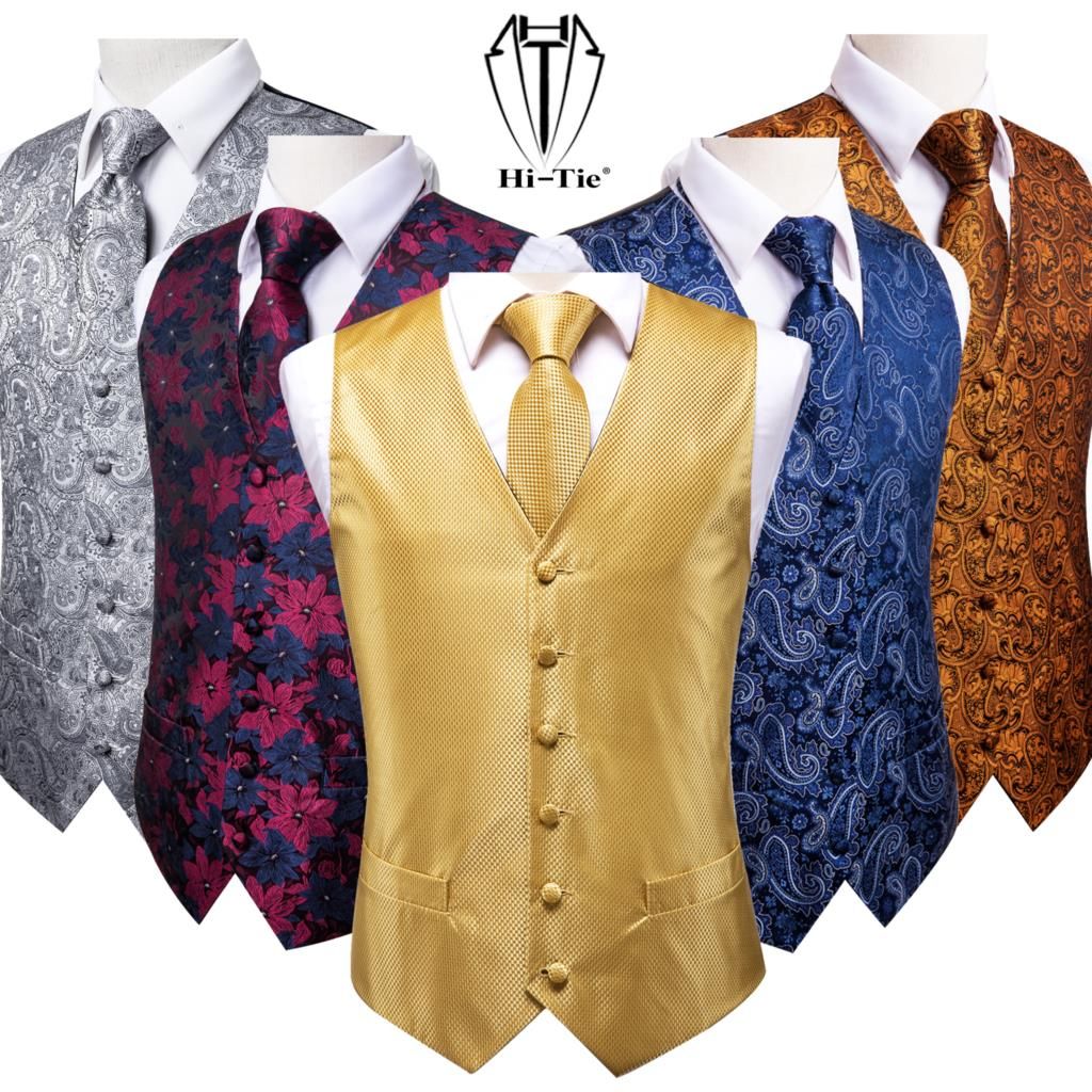 (16)Silk Mens Slim Fit 4pcs Vest Necktie Pocket Square Cufflinks Waist Jacket Suit Waistcoat Neck Tie Set Gold Red Blue Pink Green ACU
