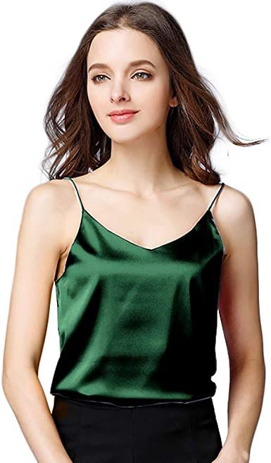 Women's Satin Silk Tank Top V-Neck Blouse Camisole Loose Sleeveless Shirt Green