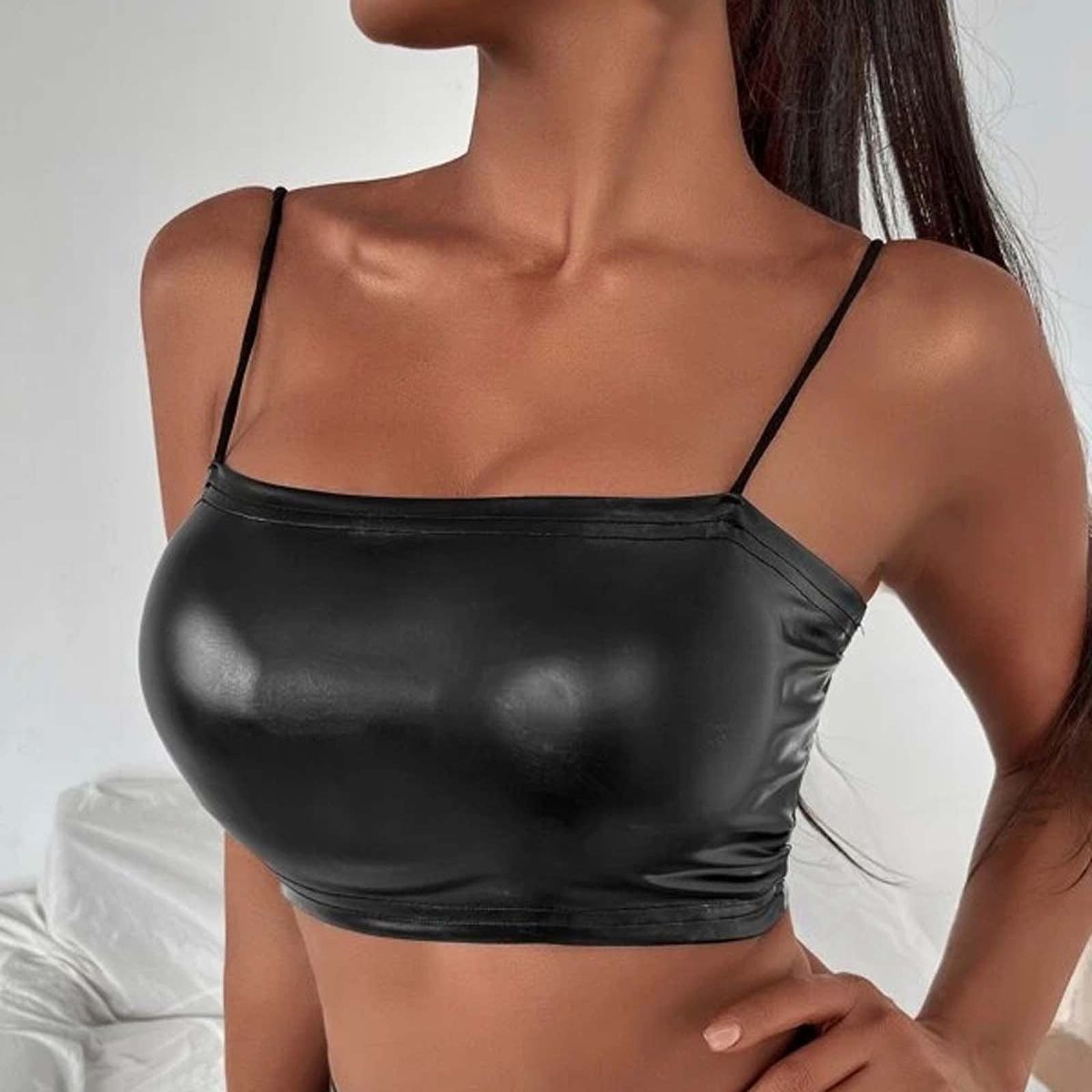 Leather Crop Tops Womens Spy Tank Tops Vest Ladies Sleeveless Ss Bodycon Black