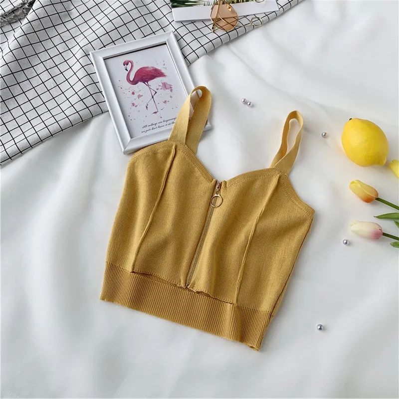 (Yellow)Women Crop Top Zipper Fly Camisoles Knitted  Vest Hollow Female Sleeveless Solid Short Tops Slim For Girl Summer Streetwear WEF