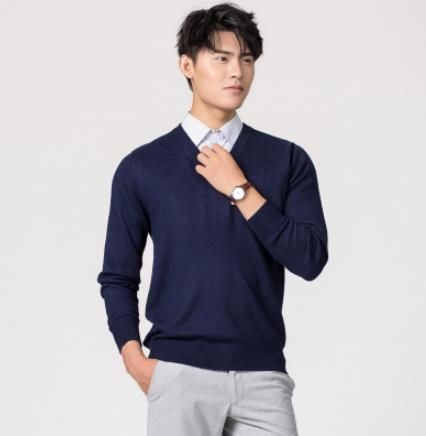 Cashmere Cotton Blended Thick Pullover Men Sweater  Autumn-navy Blue V-neck
