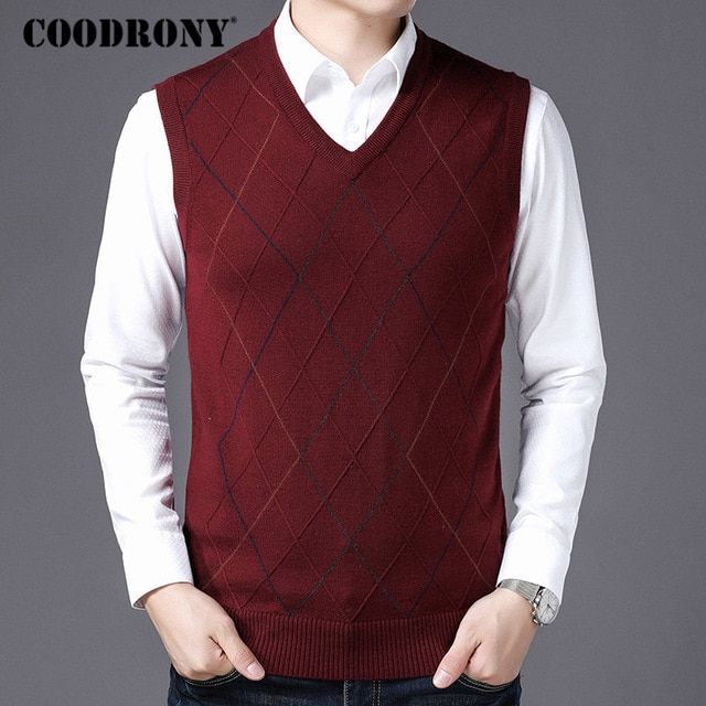 Casual Argyle V-Neck Sleeveless Vest Men Clothes  Autumn Winter -Burgundy
