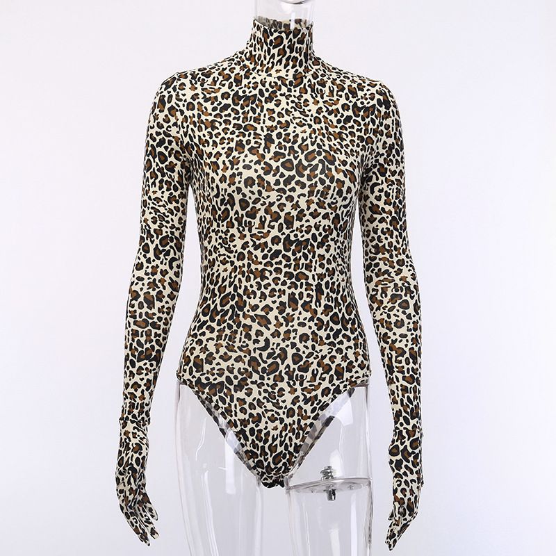 Cheetah Leopard Bodysuit For Women   Body Suit Turtleneck Gloves+Long Sleeve Playsuit Printed Romper Jumpsuits-MULTI