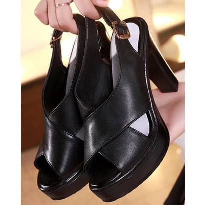 Flap Cross Over Microfiber Leather High Heel Sandals-Black